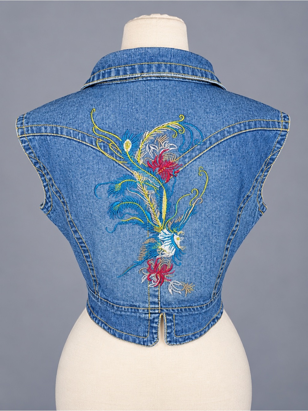 Zoey & Beth Y2K Denim Vest Large Embroidered Bird Floral Cropped Jean Vest